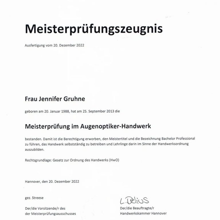 Meisterprüfungszeugnis Augenoptiker-Handwerk – SehVia Optikermeisterin Leipzig