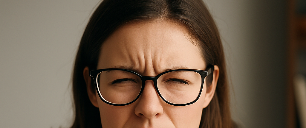 Frau sitzt am Computer und kneift die Augen zusammen – Anzeichen von angestrengtem Sehen bei Bildschirmarbeit